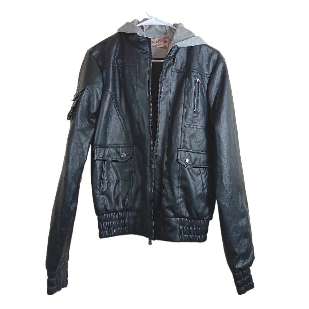 Fly By Night Bomber Jacket Womens Large Black Faux Leather Layered Gray Hood